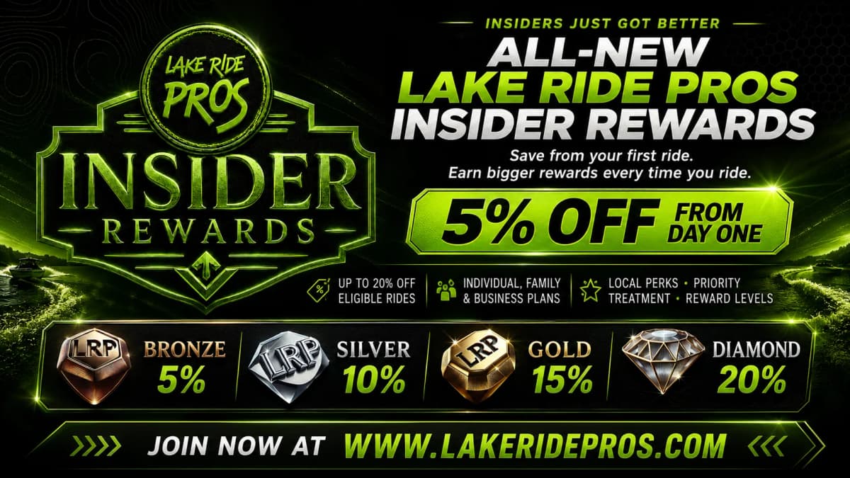 Lake Ride Pros Insider Rewards: 5% off from day one, with Bronze, Silver, Gold, and Diamond reward levels