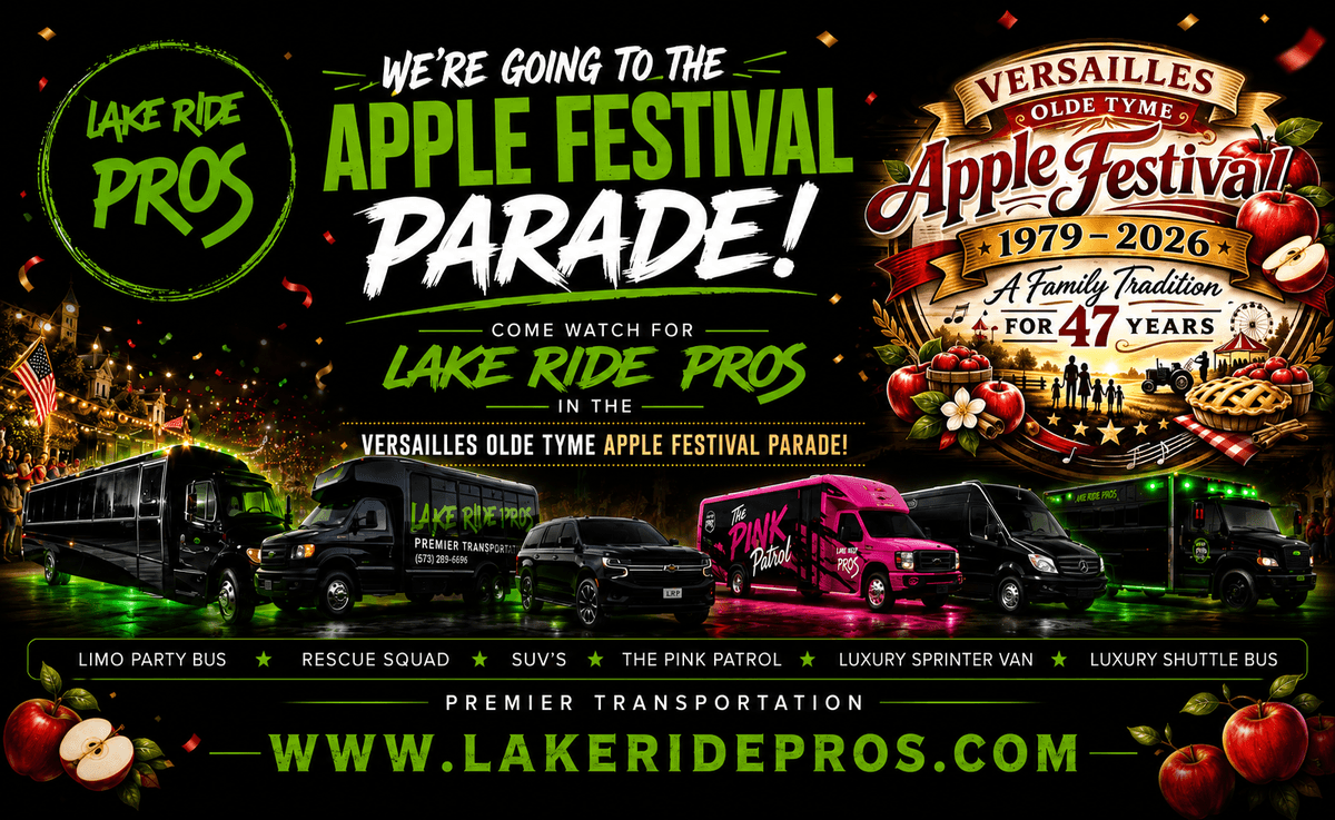 Lake Ride Pros luxury transportation fleet lined up at Lake of the Ozarks including limo bus, Rescue Squad truck, SUVs, and Mercedes Sprinter vans with lake view in background